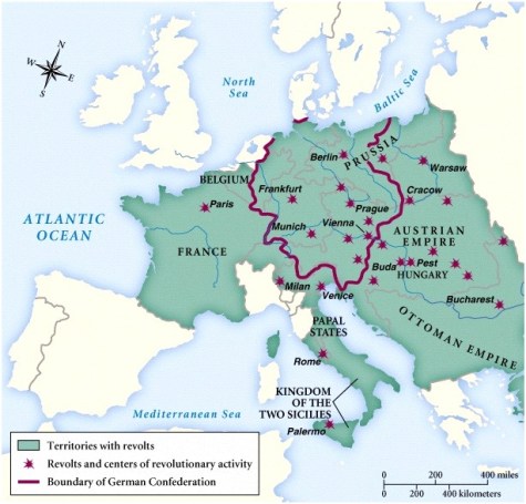 Map of the 1848 revolutions in Europe