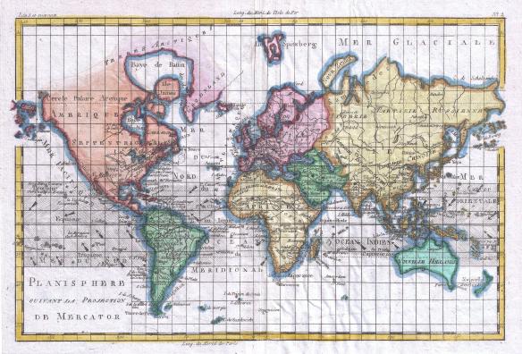 Rigobert Bonne and G. Raynal’s 1780 map of the world on a Mercator Projection.