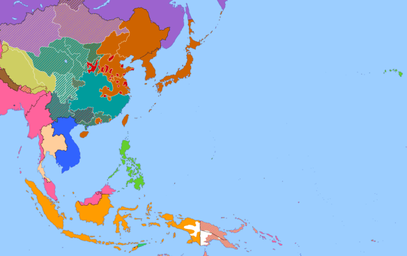 Empire in east Asia, August 1939. Brown = Japanese, pink = British, blue = French, orange = Dutch, green = US East Asia in 1939