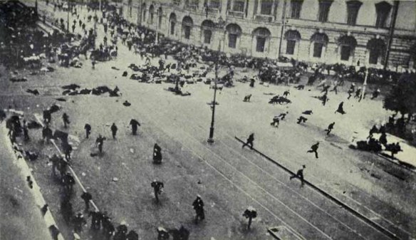 Civilians run for cover on Nevsky Prospekt as the July insurrection is suppressed by government troops The July Days
